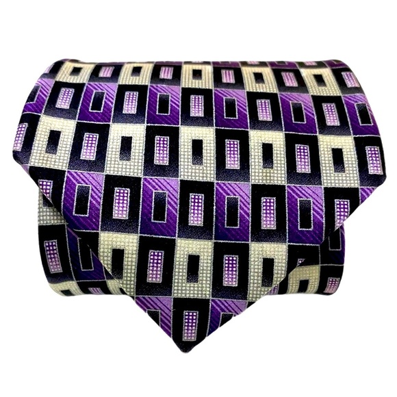 Pierre Cardin Silk Tie Woven BarTac Purple White Black Geometric 60”x4” USA VTG - Picture 1 of 12